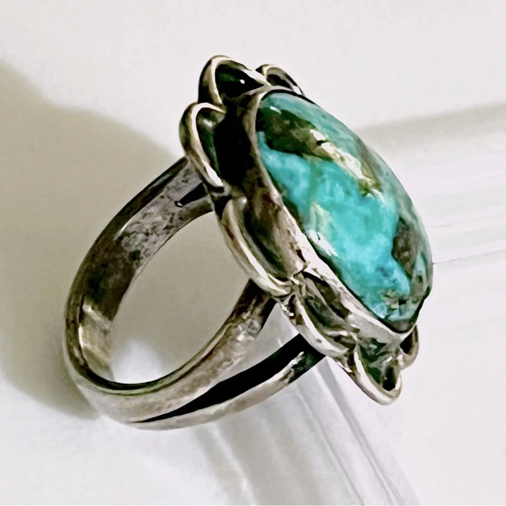 🦋🪺Vintage Navajo Sterling Silver Morenci Turquoise Ring size 6 1/4 - Picture 3 of 5